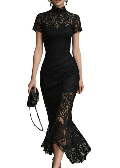 Elegant Black Turtleneck Lace Long Dresses Short Sleeve