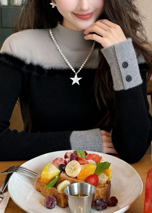 Elegante suéter de punto de dos piezas con cuello alto negro y patchwork para invierno