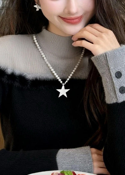 Elegante suéter de punto de dos piezas con cuello alto negro y patchwork para invierno