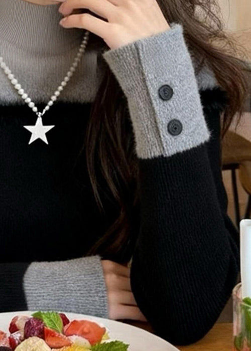 Elegante suéter de punto de dos piezas con cuello alto negro y patchwork para invierno
