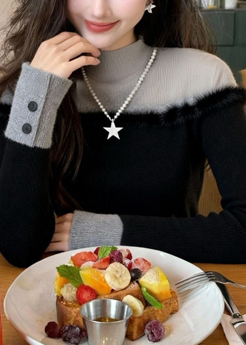 Elegante suéter de punto de dos piezas con cuello alto negro y patchwork para invierno