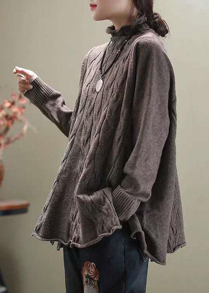 Eleganter khakifarbener Rollkragenpullover mit seitlicher Öffnung, lässiger Herbst-Strickpullover