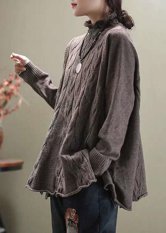 Eleganter khakifarbener Rollkragenpullover mit seitlicher Öffnung, lässiger Herbst-Strickpullover