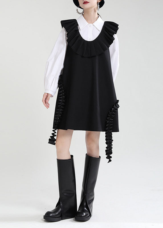 Elegantes schwarzes U-Ausschnitt Patchwork Rüschen Herbstkleid ärmellos