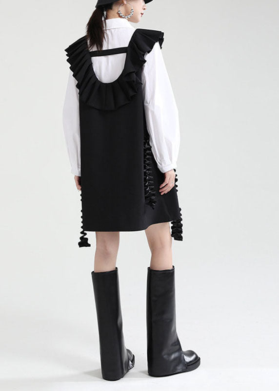 Elegantes schwarzes U-Ausschnitt Patchwork Rüschen Herbstkleid ärmellos