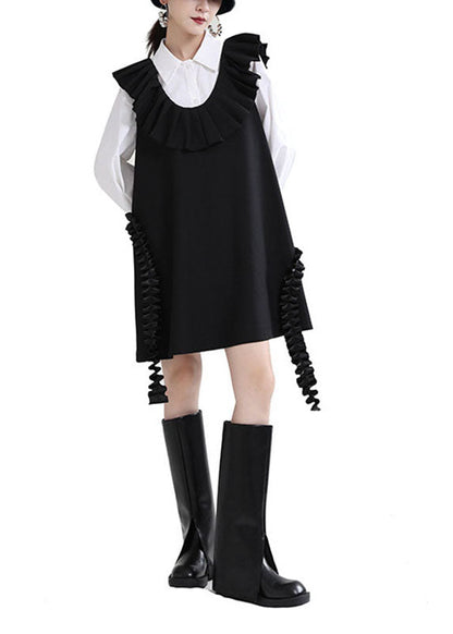 Elegantes schwarzes U-Ausschnitt Patchwork Rüschen Herbstkleid ärmellos