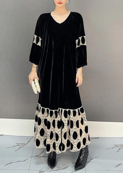 Elegant Black V Neck Patchwork Holiday Long Dress Fall