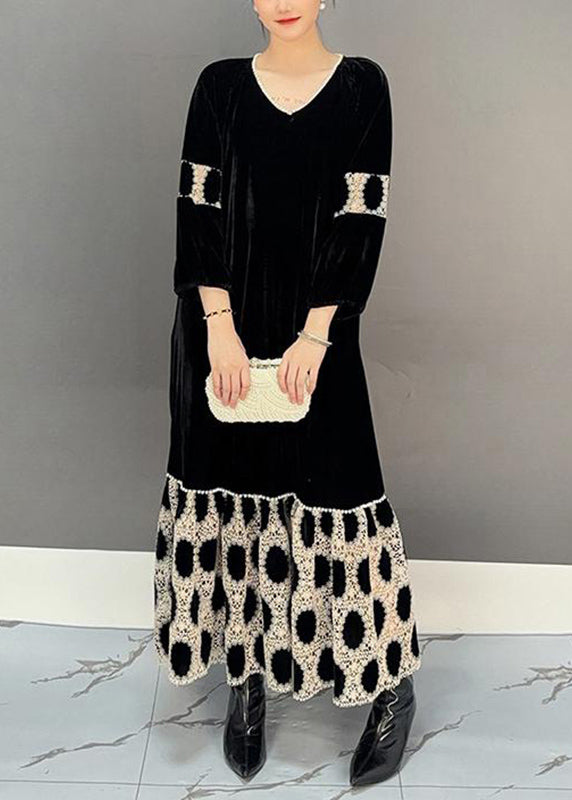 Elegant Black V Neck Patchwork Holiday Long Dress Fall