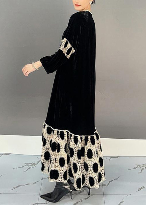 Elegant Black V Neck Patchwork Holiday Long Dress Fall