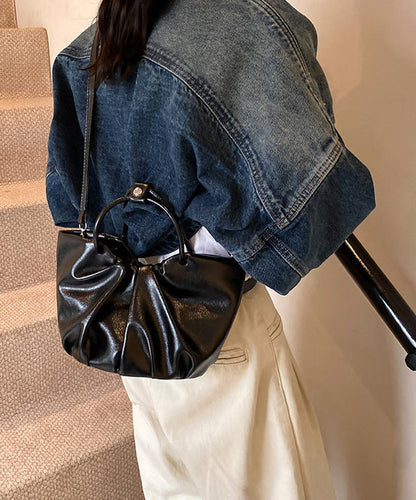 Elegant Black Wrinkled Faux Leather Tote Handbag