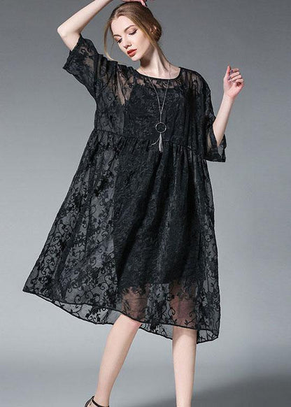 Elegant Black Wrinkled Hollow Out Summer Dress - SooLinen