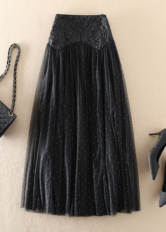 Elegant Black Zip Up Patchwork Tulle Skirts Spring