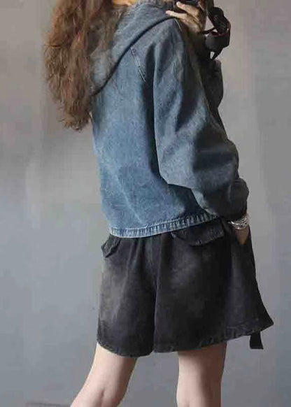 Eleganter schwarzer Kapuzen-Patchwork-Knopf-Herbst-Jeanspullover