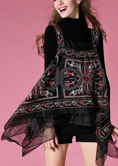 Elegant Black knit sweaters + Embroideried Print Fall Two Pieces Set
