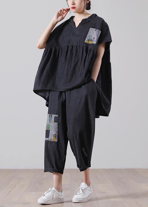 Elegant Black patchwork Pockets Cotton Two Pieces Set Summer - SooLinen