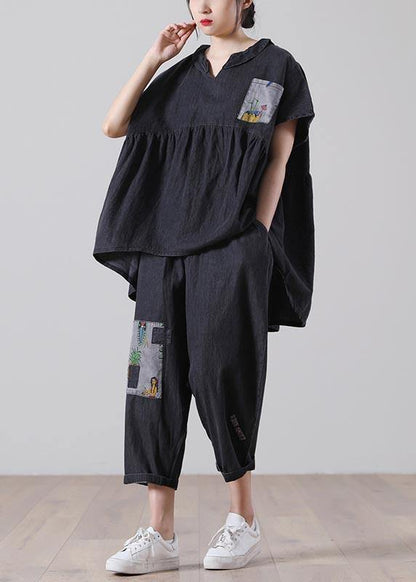 Elegant Black patchwork Pockets Cotton Two Pieces Set Summer - SooLinen