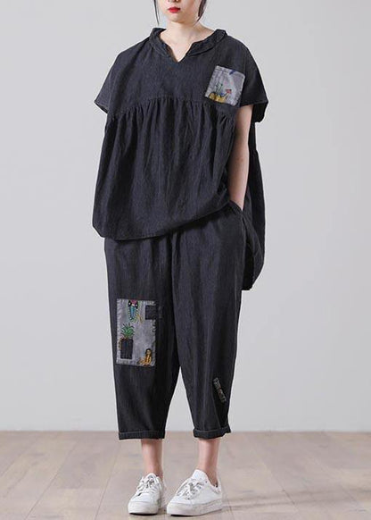 Elegant Black patchwork Pockets Cotton Two Pieces Set Summer - SooLinen