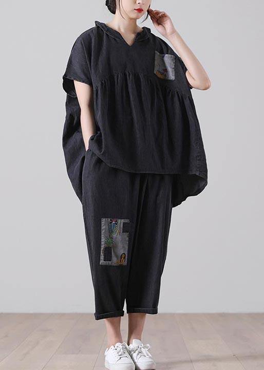 Elegant Black patchwork Pockets Cotton Two Pieces Set Summer - SooLinen