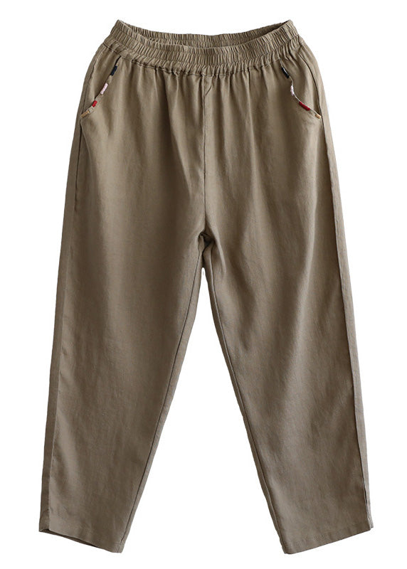 Elegantes pantalones cortos de lino liso con cintura elástica y patchwork negro