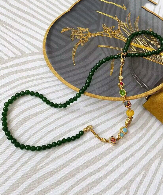 Elegante Halskette mit abnehmbaren Perlen, schwärzlich-grüner Jade, Türkis, Cloisonné-Emaille und abgestuften Perlen