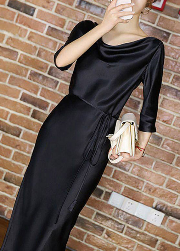 Elegant Blackish Green Slash Neck Tie Waist Silk Long Dresses Half Sleeve