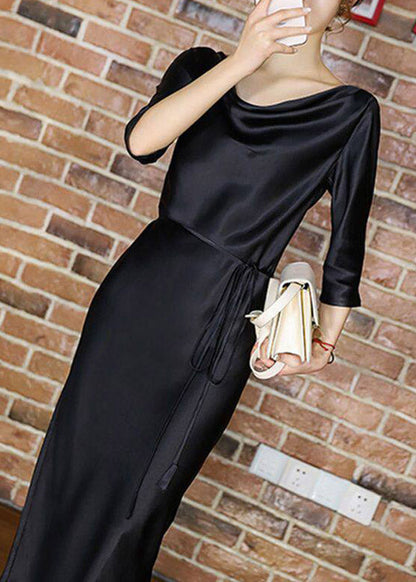 Elegant Blackish Green Slash Neck Tie Waist Silk Long Dresses Half Sleeve