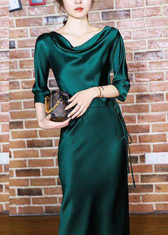 Elegant Blackish Green Slash Neck Tie Waist Silk Long Dresses Half Sleeve