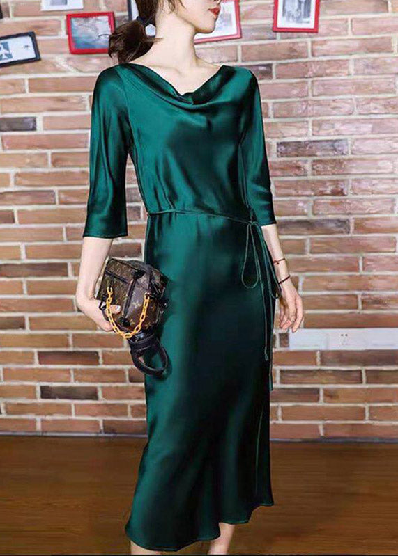 Elegant Blackish Green Slash Neck Tie Waist Silk Long Dresses Half Sleeve