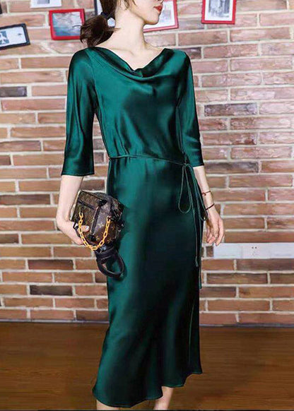 Elegant Blackish Green Slash Neck Tie Waist Silk Long Dresses Half Sleeve