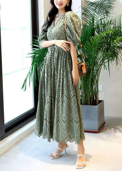 Elegant Blackish Green V Neck Hollow Out Cotton Dresses Summer