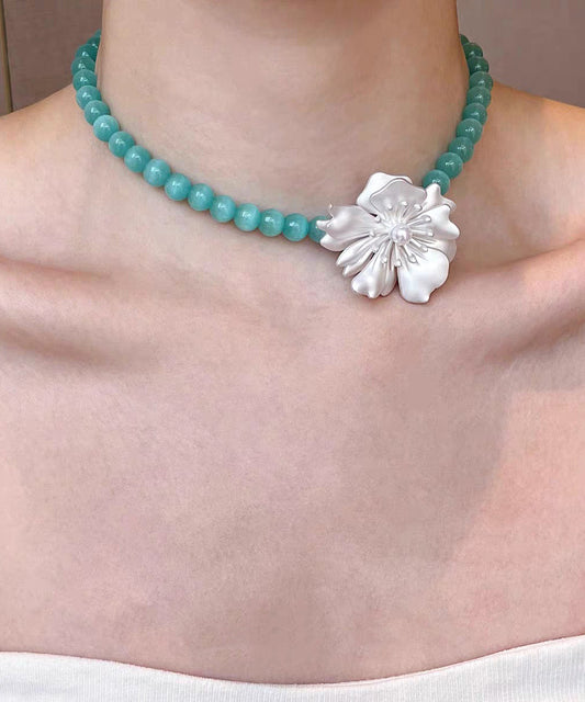 Elegant Blue Alloy Amazonite Love Floral Pearl Pendant Necklace Two-Piece Set