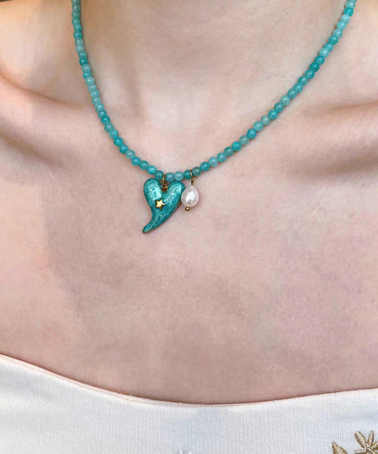Elegant Blue Alloy Amazonite Love Floral Pearl Pendant Necklace Two-Piece Set