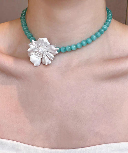 Elegant Blue Alloy Amazonite Love Floral Pearl Pendant Necklace Two-Piece Set