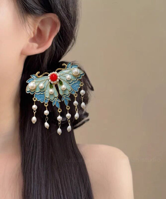 Elegant Blue Alloy Butterfly Enameling Pearl Tassel Hairpin