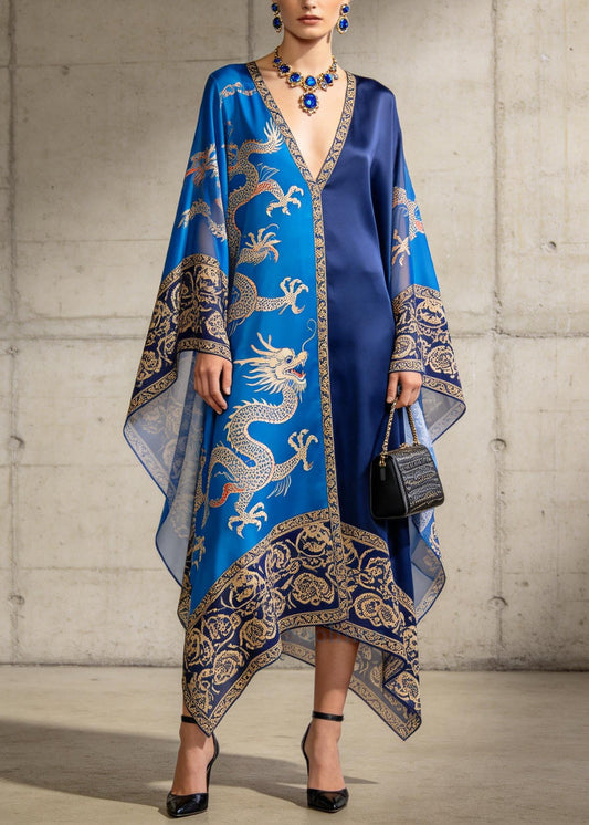 Elegant Blue Asymmetrical Print Chiffon Maxi Dresses Summer