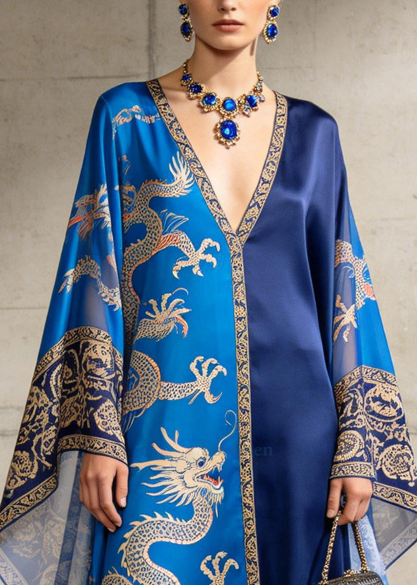 Elegant Blue Asymmetrical Print Chiffon Maxi Dresses Summer