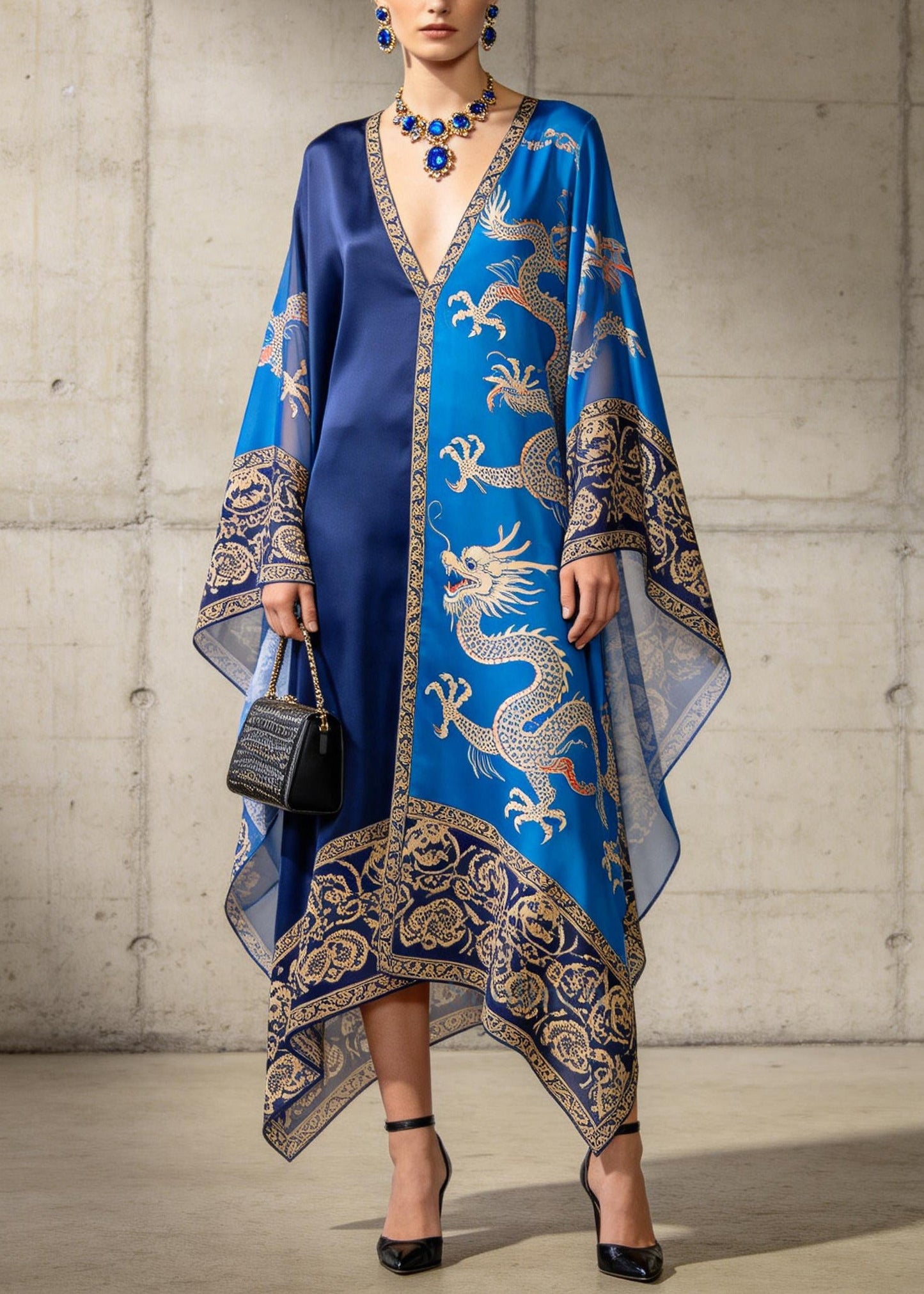 Elegant Blue Asymmetrical Print Chiffon Maxi Dresses Summer