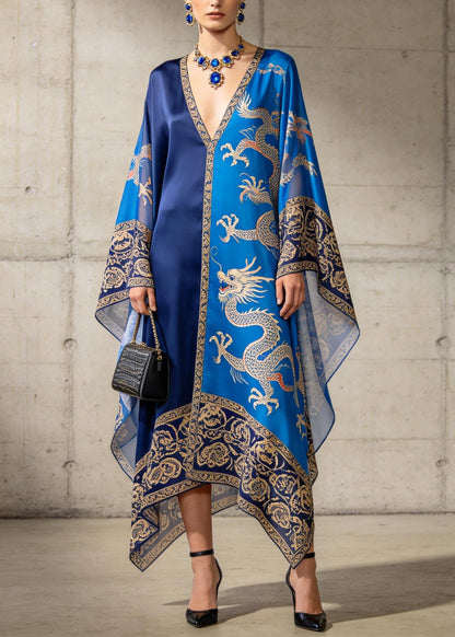 Elegant Blue Asymmetrical Print Chiffon Maxi Dresses Summer