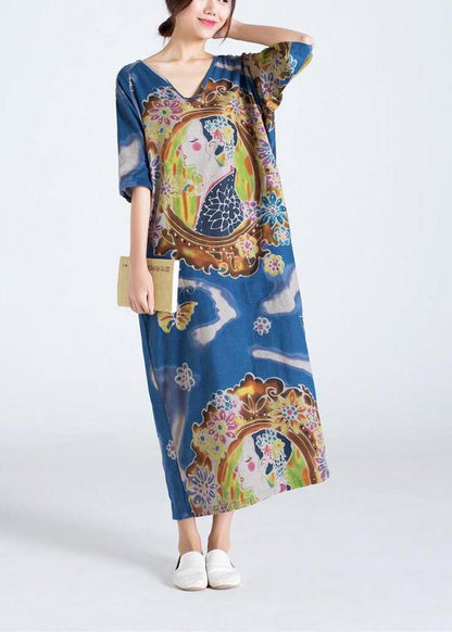 Elegant Blue Character Print Clothes O Neck Long Summer Dress - SooLinen
