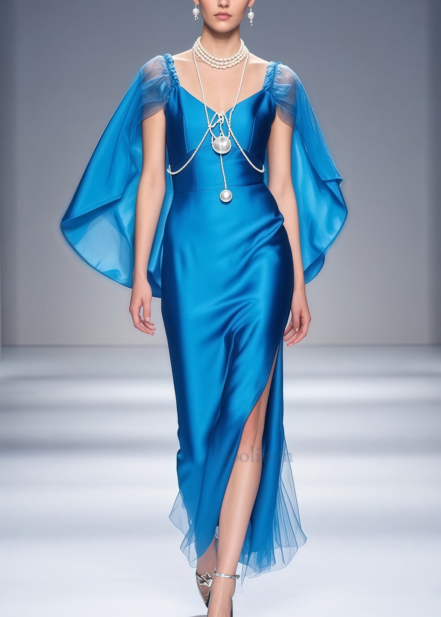 Elegant Blue Cloak Patchwork Side Open Silk Dinner Dresses Summer