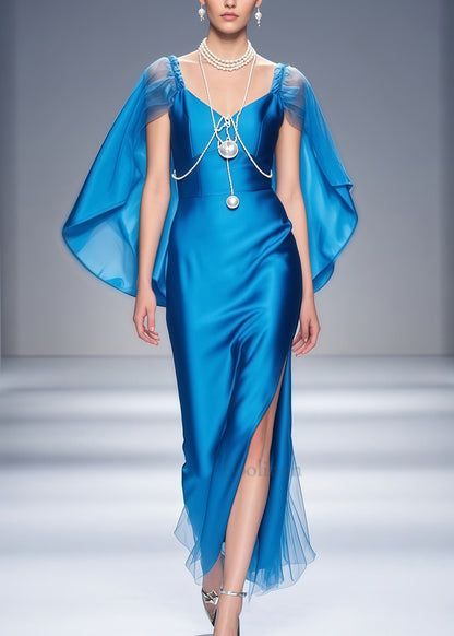 Elegant Blue Cloak Patchwork Side Open Silk Dinner Dresses Summer