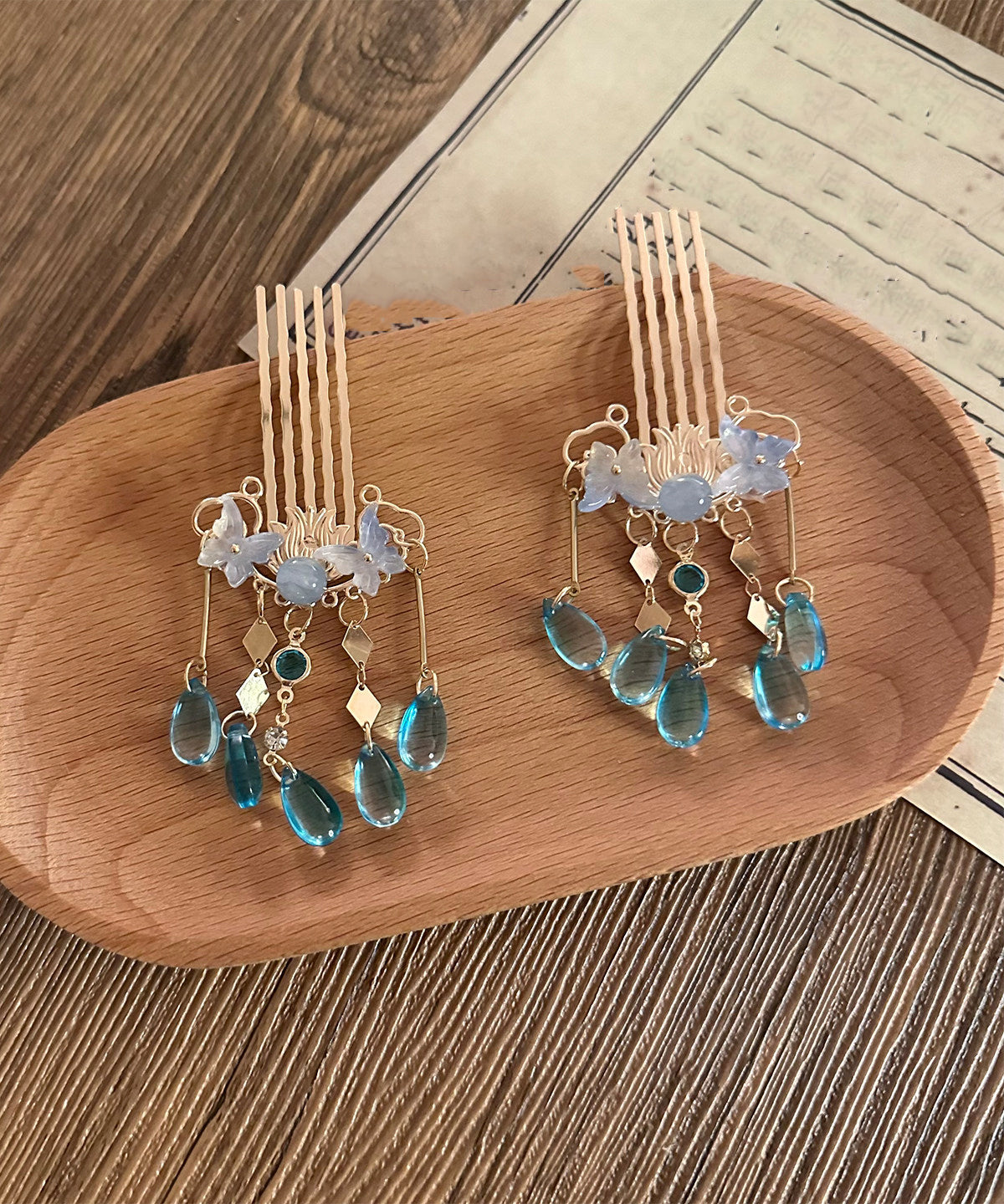 Elegant Blue Copper Overgild Butterfly Tassel A Pair Hairpin