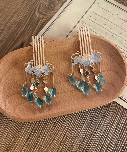Elegant Blue Copper Overgild Butterfly Tassel A Pair Hairpin