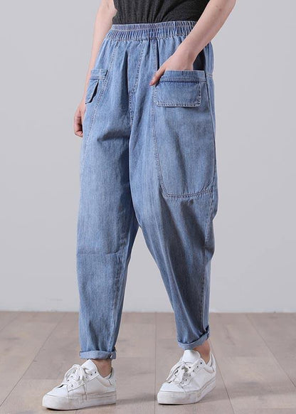 Elegant Blue Elastic Waist pockets Harem Summer Cotton Pants - SooLinen