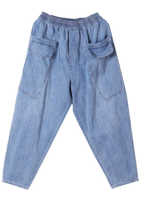 Elegant Blue Elastic Waist pockets Harem Summer Cotton Pants - SooLinen