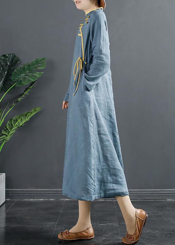 Elegant Blue Embroidery Tunic Stand Collar A Line Dress - SooLinen