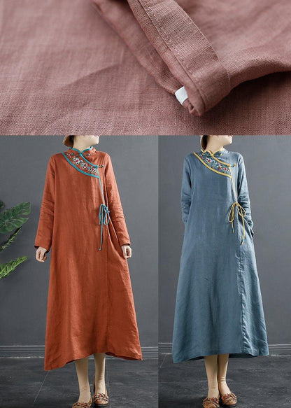 Elegant Blue Embroidery Tunic Stand Collar A Line Dress - SooLinen