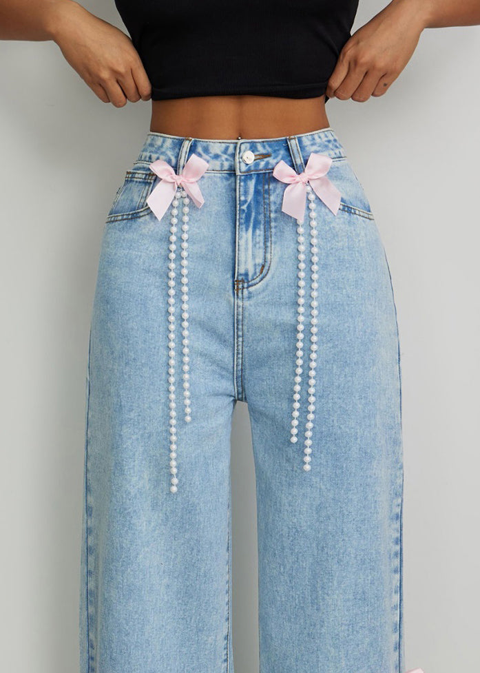 Elegant Blue High Waist Bow Pearl Tassel Wide Leg Jeans