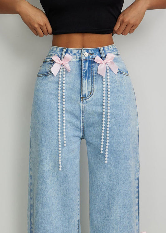 Elegant Blue High Waist Bow Pearl Tassel Wide Leg Jeans