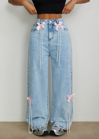 Elegant Blue High Waist Bow Pearl Tassel Wide Leg Jeans